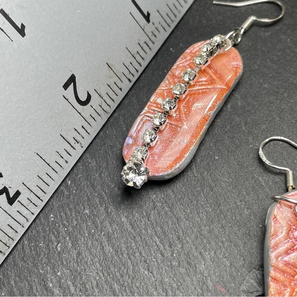 Hand Made Embossed Orange And Pink Dangle Earrings - Picture 11 of 11